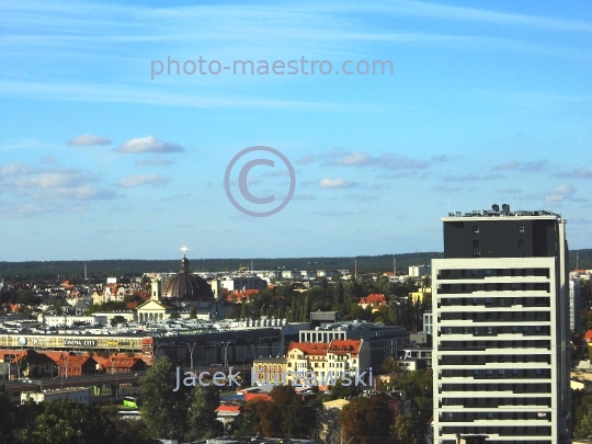 Poland,Bydgoszcz,Kuyavian-Pomeranian Voivodeship,architecture,City center,,Basilic Church,Focus Mall.University Bridge,aerial view