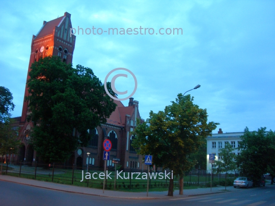 Poland,Bydgoszcz,Kuyavian-Pomeranian Voivodeship,architecture,neogothical church,ilumination,twilight,ambience