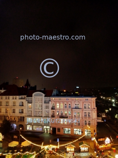 Poland,Bydgoszcz,Kuyavian-Pomeranian Voivodeship,Old Town,architecture,city center,Christmas,night,aerial view