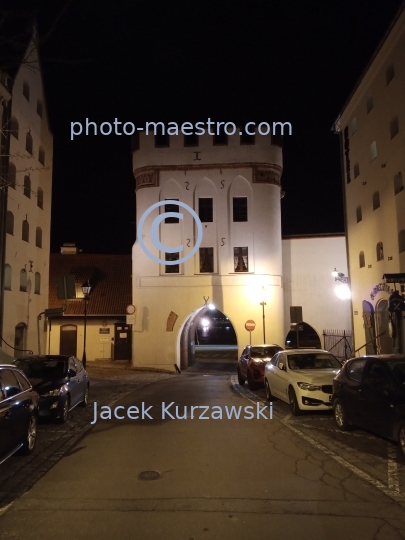 Poland,Torun,Kuyavian-Pomeranian Voivodeship,architecture,Old Town,panoramical view,Mostowa Str.monuments,nocturne,ilumination,gate