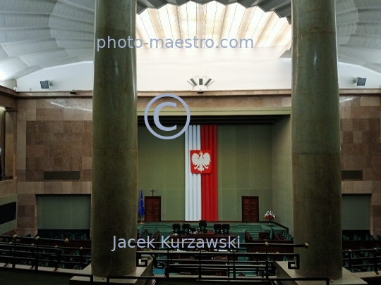 Poland,Warsaw,The empty Plenary Room of the Polish Parliamentary Building in Warsaw, Poland