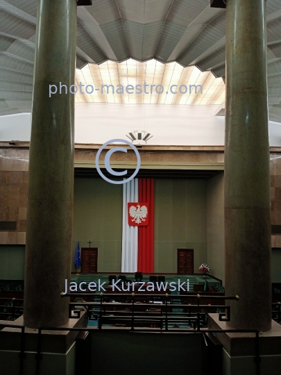 Poland,Warsaw,The empty Plenary Room of the Polish Parliamentary Building in Warsaw, Poland