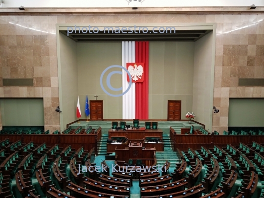 Poland,Warsaw,The empty Plenary Room of the Polish Parliamentary Building in Warsaw, Poland