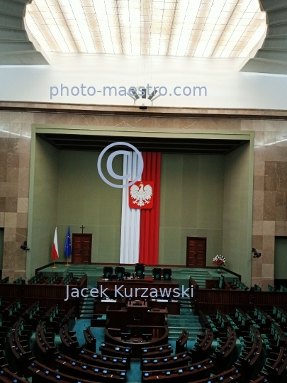 Poland,Warsaw,The empty Plenary Room of the Polish Parliamentary Building in Warsaw, Poland