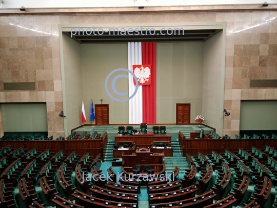 Poland,Warsaw,The empty Plenary Room of the Polish Parliamentary Building in Warsaw, Poland