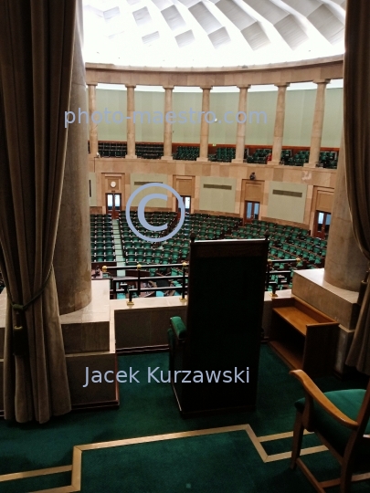 Poland,Warsaw,The empty Plenary Room of the Polish Parliamentary Building in Warsaw, Poland